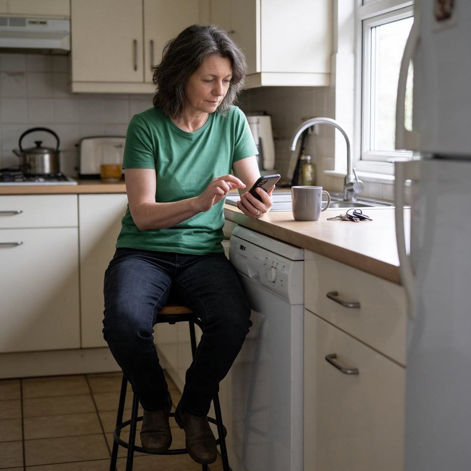 A woman in a green t-shirt sits on a stool at her kitchen counter, checking her phone.