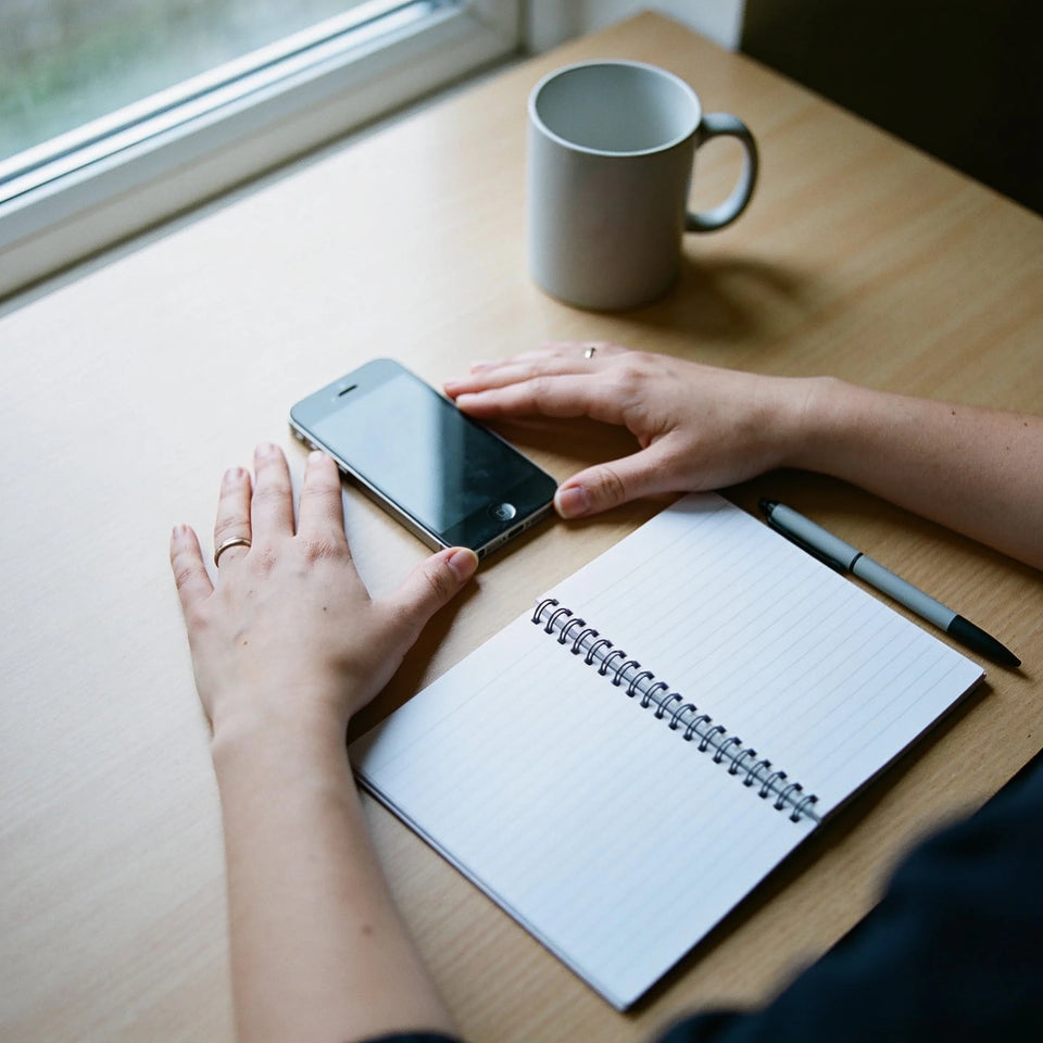 Two hands resting at a wooden table beside a phone, an open spiral notebook and a pen.