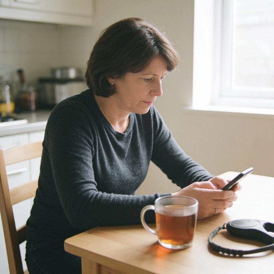 A woman leans over her phone at a kitchen table, a glass of tea and a retractable dog lead beside her.