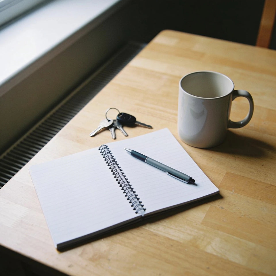 A blank spiral notebook and pen on a wooden table beside a bunch of keys and a mug.