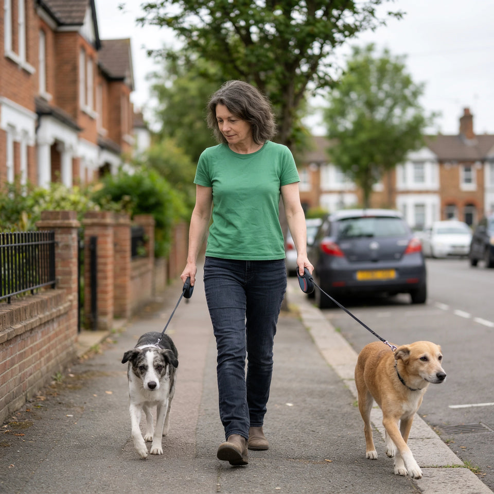 A woman walks two dogs on leads along a street of terraced houses.
