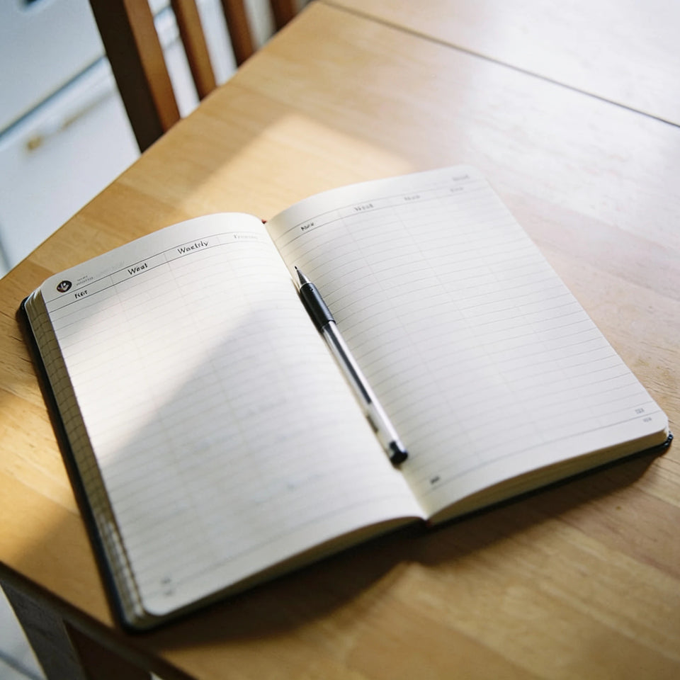 An open diary lying completely blank on a wooden table, a pen down the spine.
