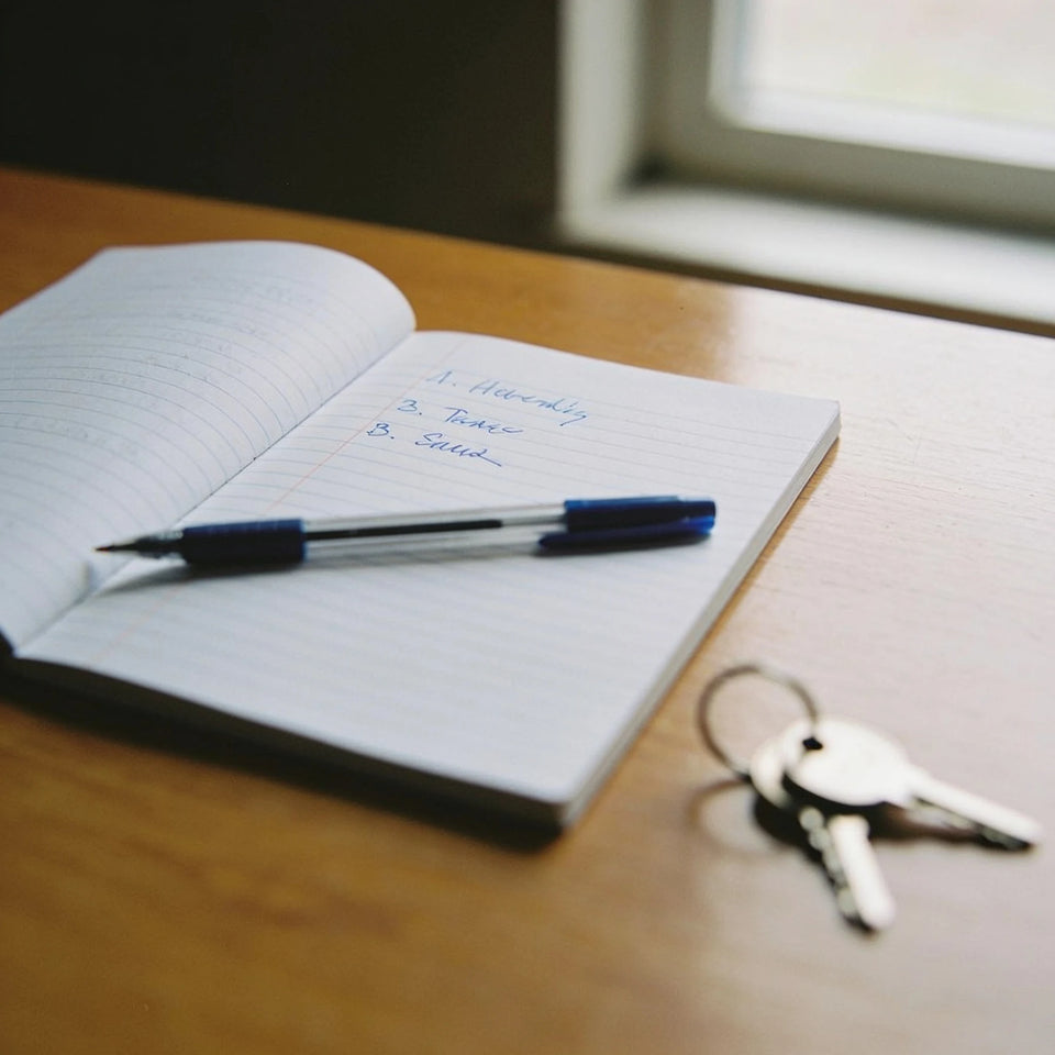 An open notebook on a wooden table with three short handwritten entries, a pen and a set of house keys beside it.