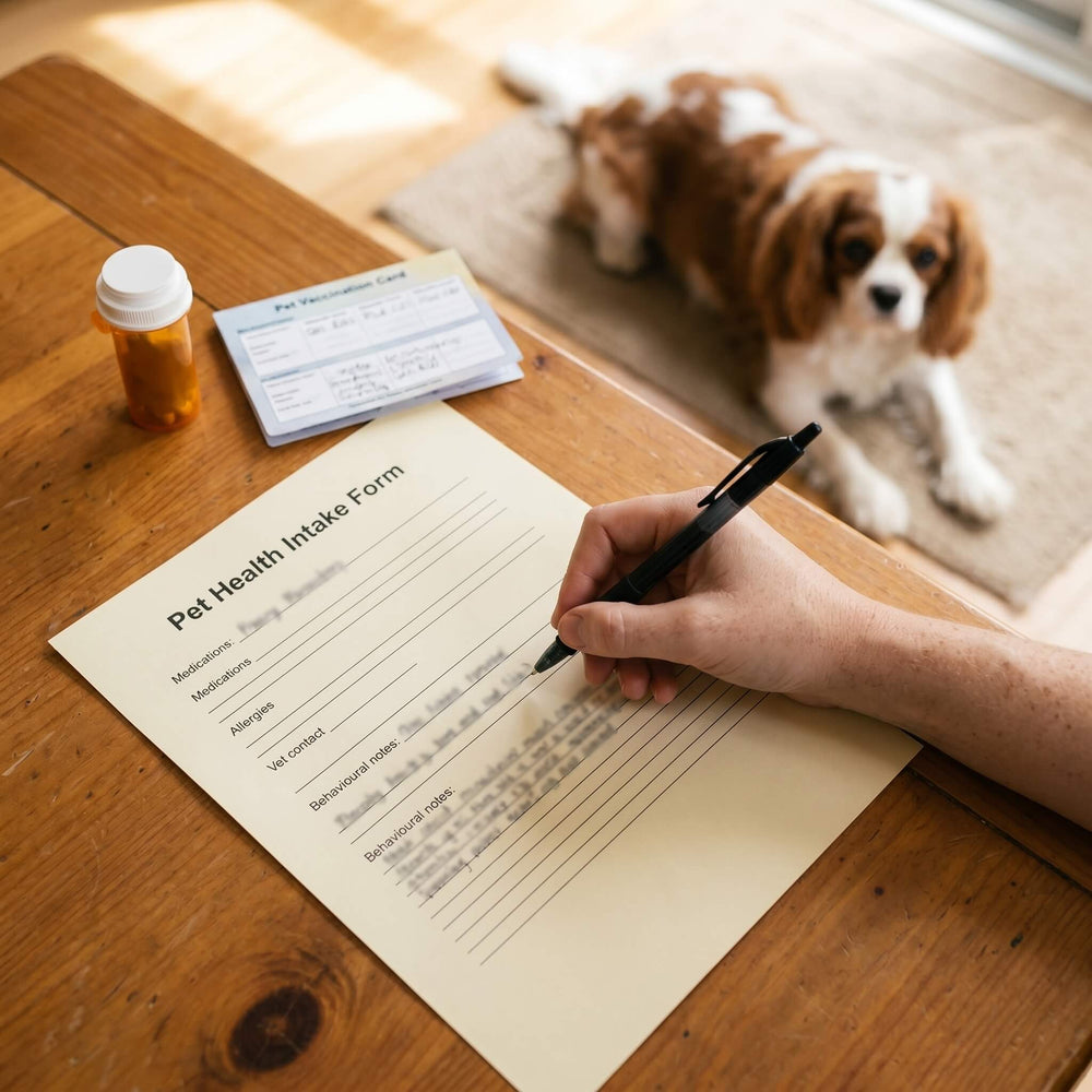 Pet health intake form completed and signed by owner