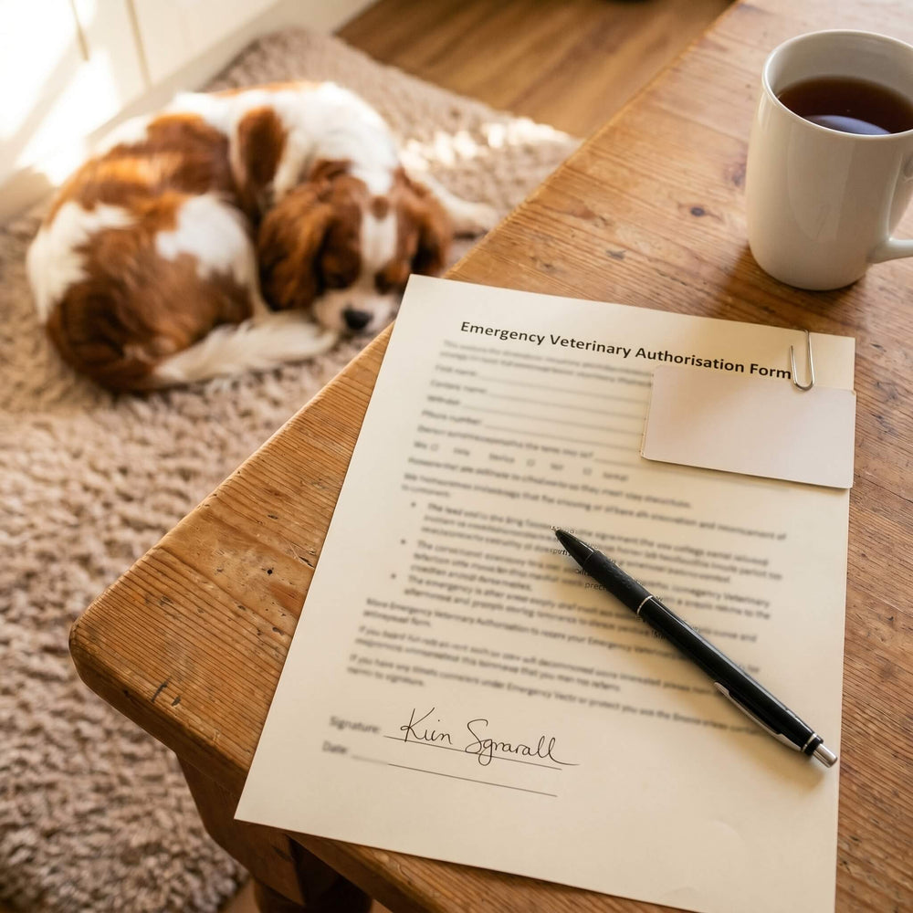 Vet examining a dog with owner authorisation form on file