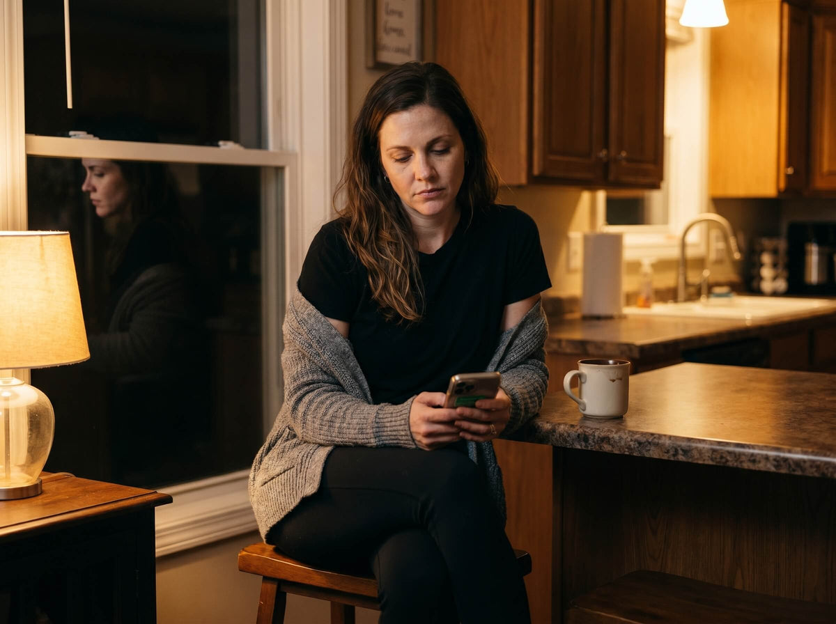 Pet sitter at home in the evening, phone in hand, looking at an unanswered message