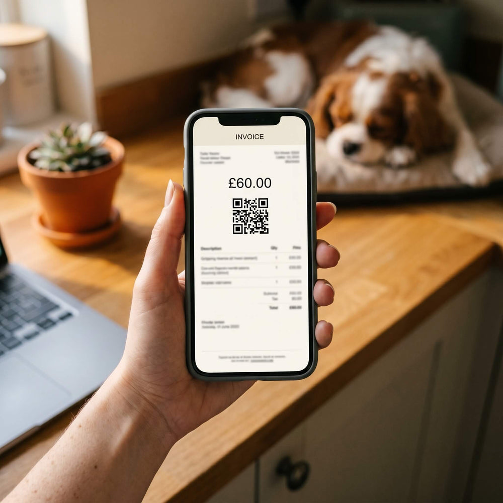 Invoice or payment QR on a phone screen, clean and professional
