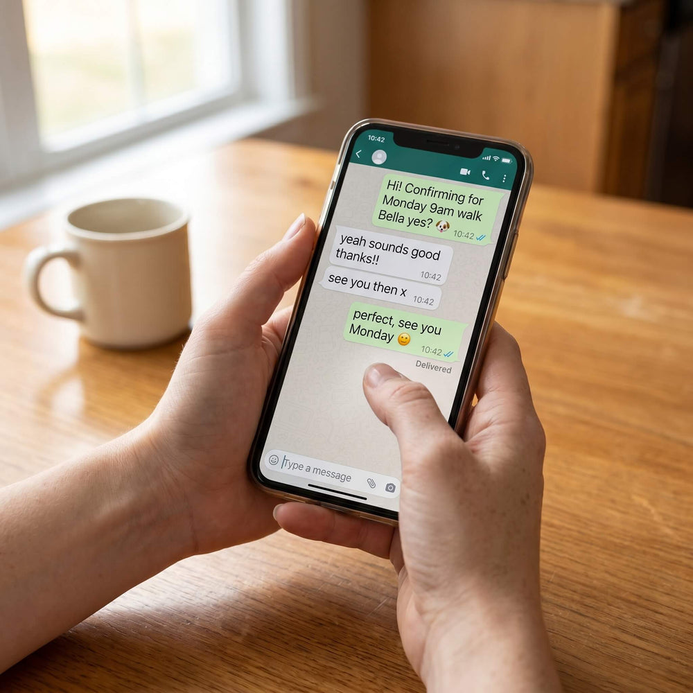 Phone screen showing an informal WhatsApp booking chat