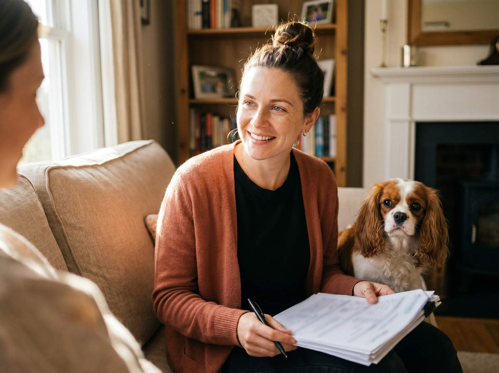 Confident pet sitter at a meet and greet with a tidy folder, owner nodding