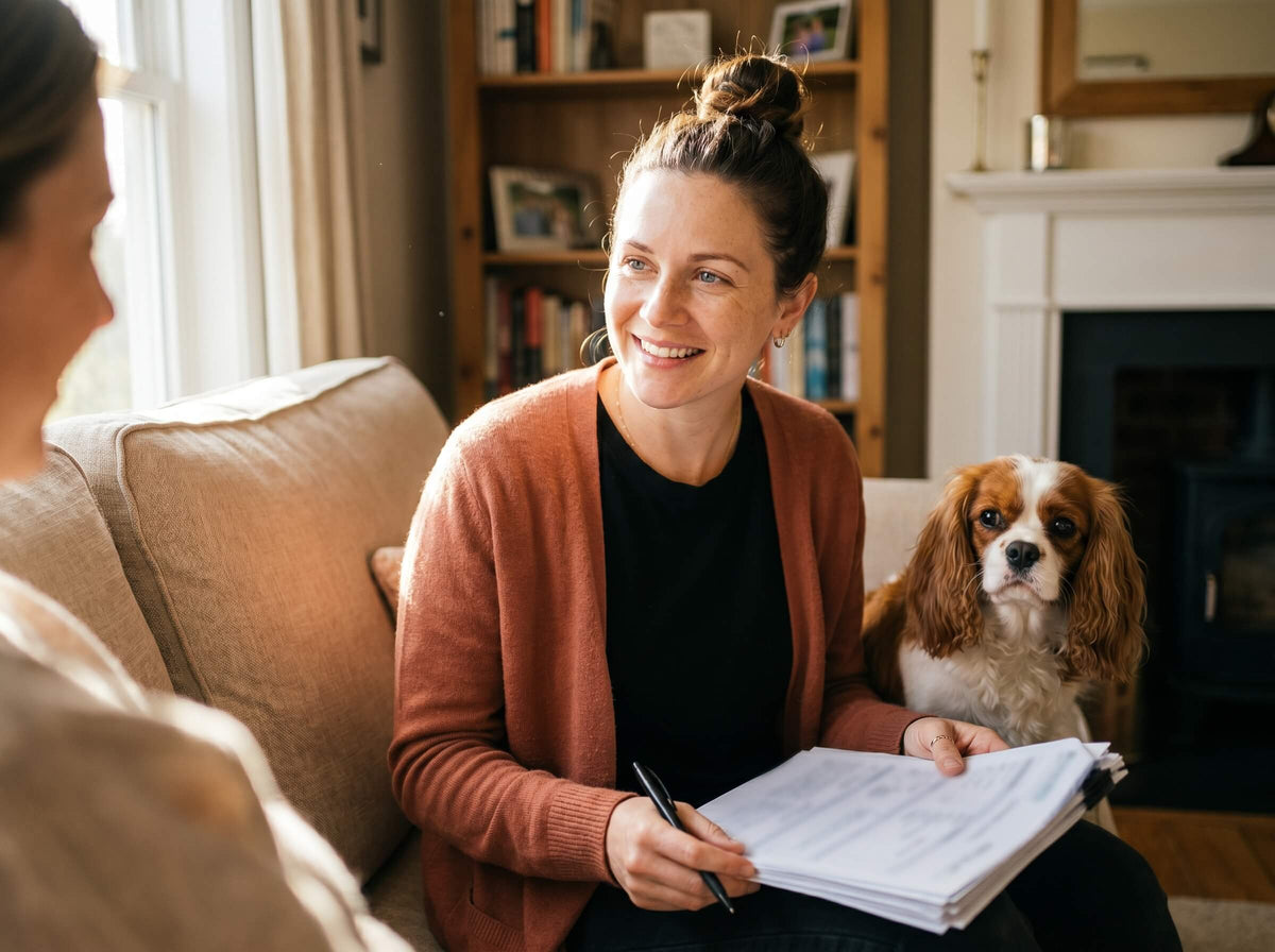 Pet sitter at a meet and greet with documents