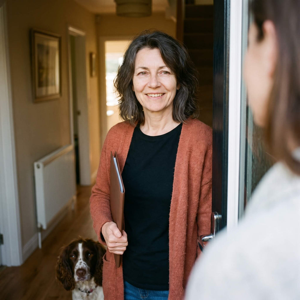Pet sitter presenting herself confidently as a professional service