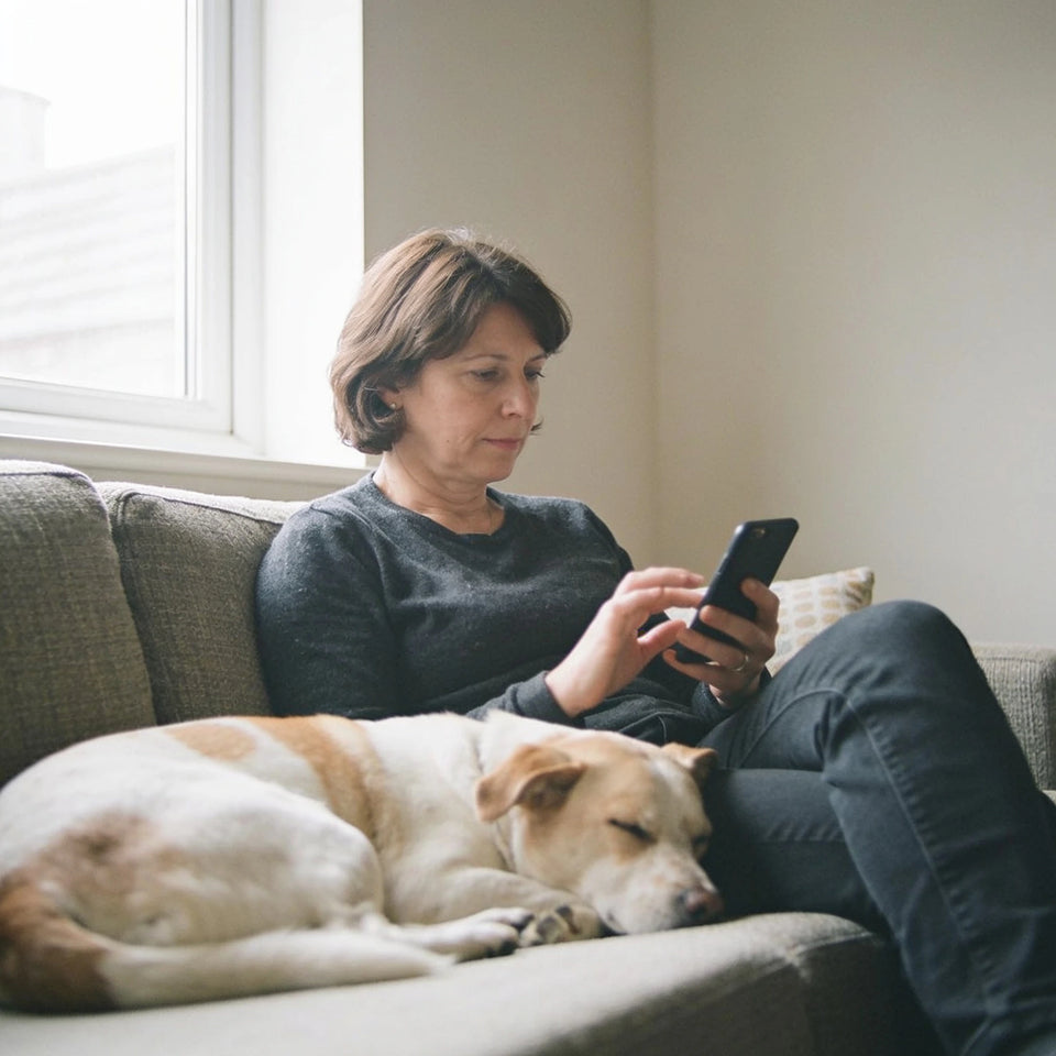 A woman sits on a sofa by the window looking at her phone, a pale golden dog asleep beside her.