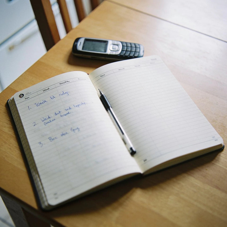 An open lined notebook with a few handwritten lines, a pen and a phone on a wooden table.
