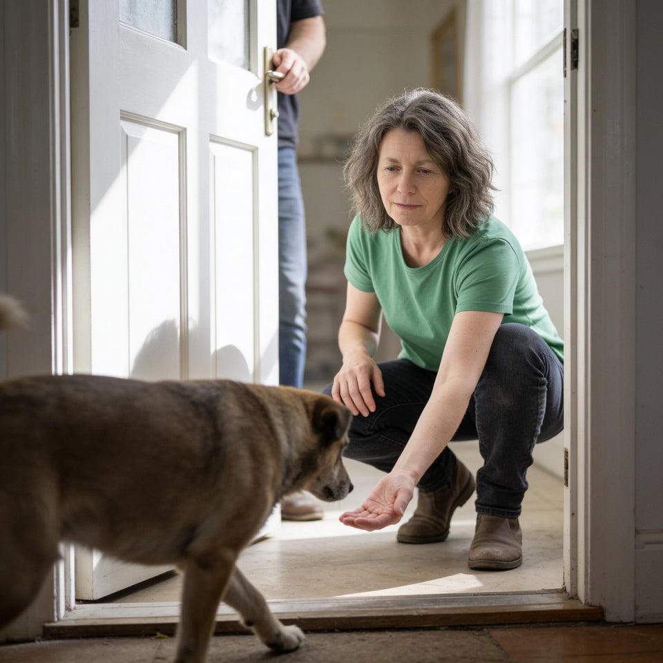 A woman crouches in a sunlit doorway to greet a brown dog walking in to meet her.