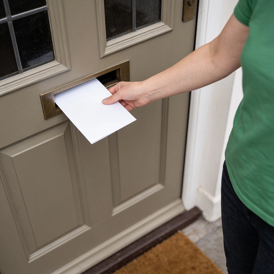 A hand posts a white leaflet through the letterbox of a front door.