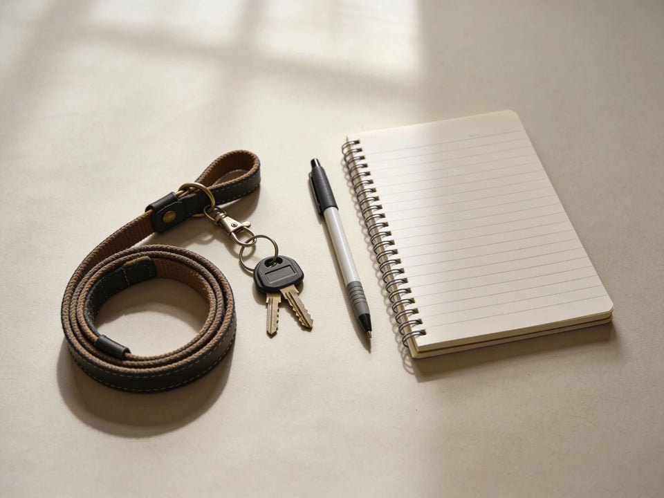 A dog lead, a set of keys and a pen laid out beside an open notebook.