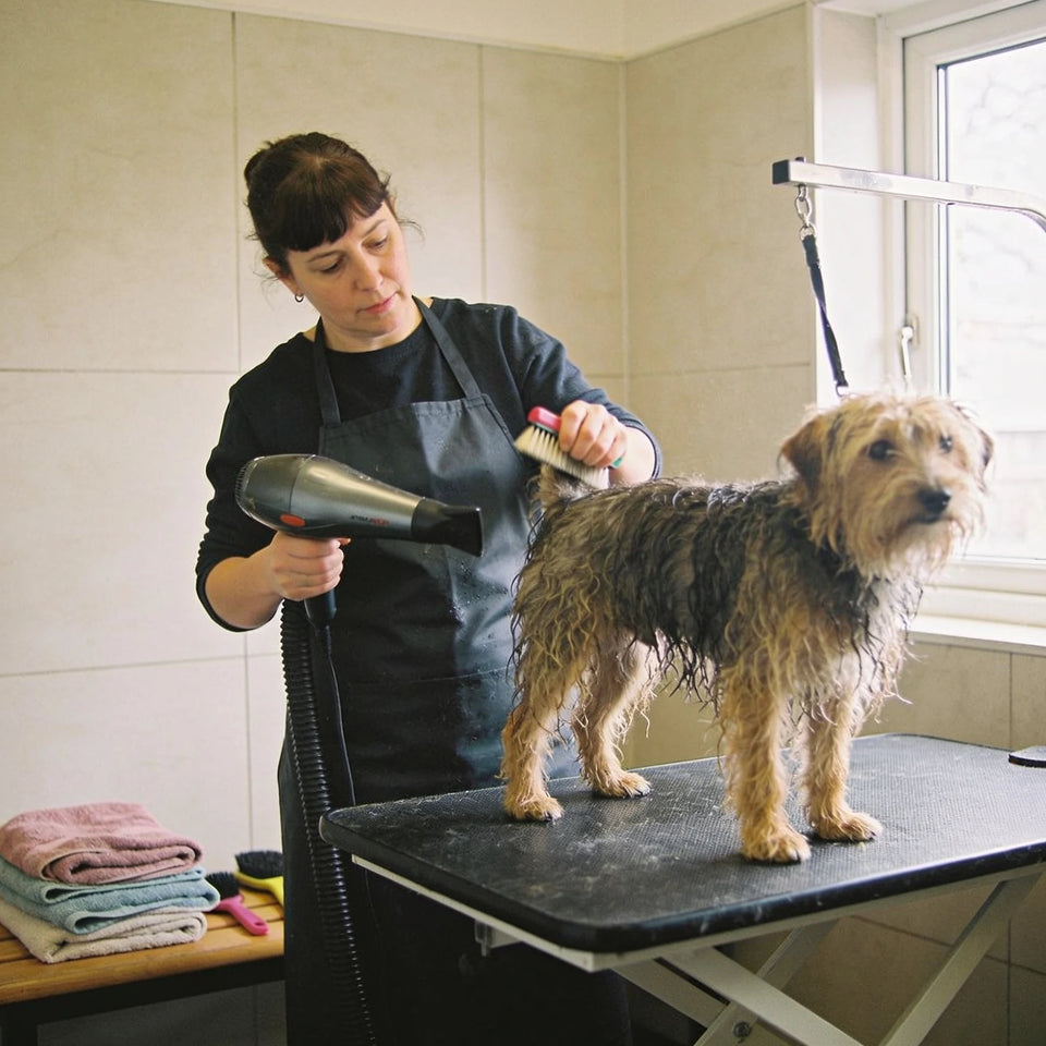 A groomer in a dark apron drying a damp terrier standing on a grooming table.